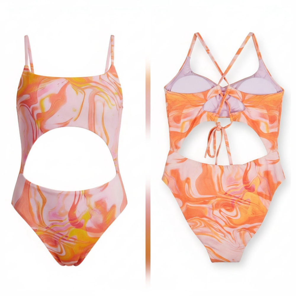 Aqua One piece Swimsuit Bathing Suit LARGE Pink Orange Yellow Swirl - Picture 3 of 16
